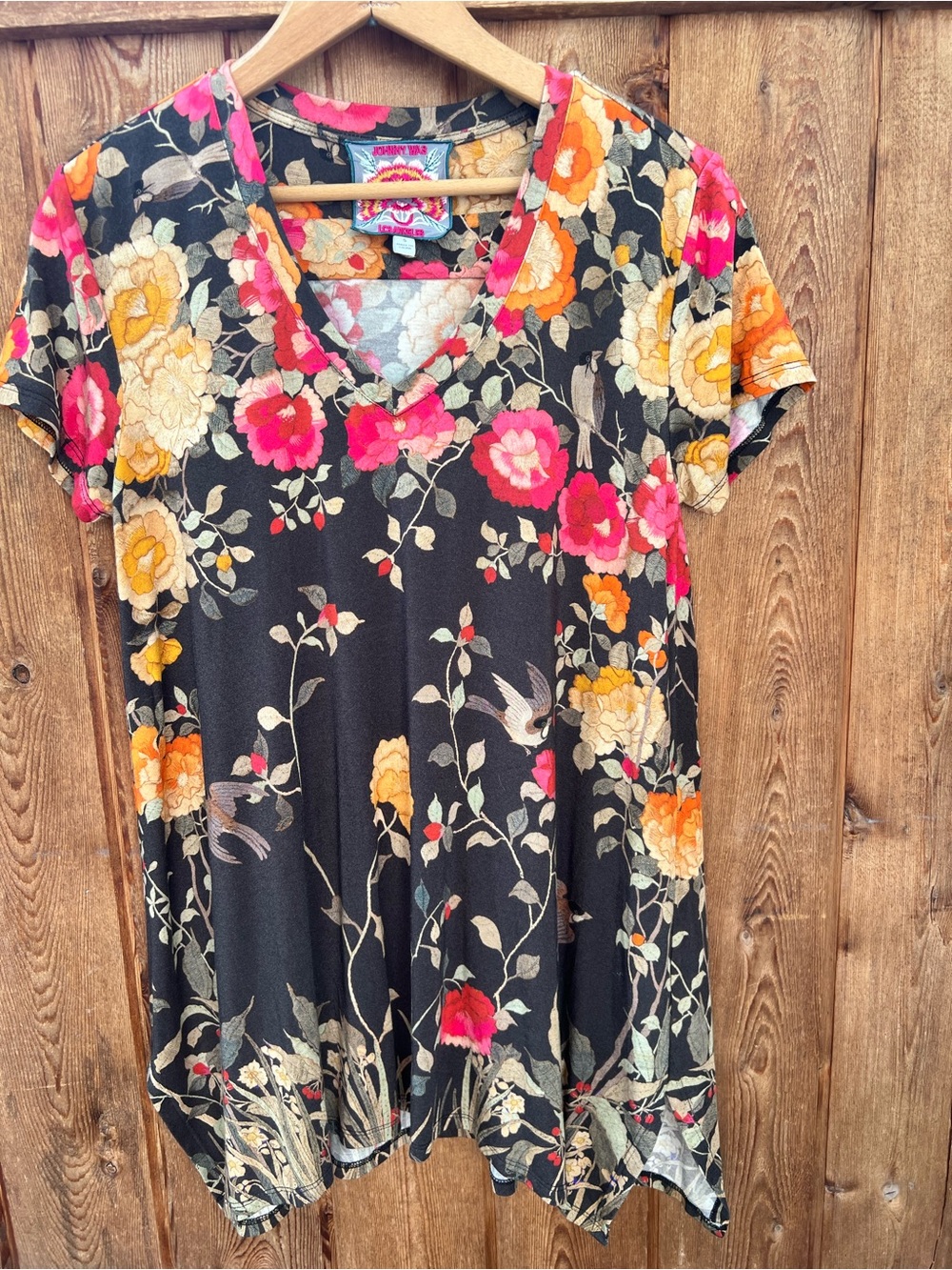 Johnny Was Floral Bird Bamboo Blend Short Sleeve Top Size S Black Boho